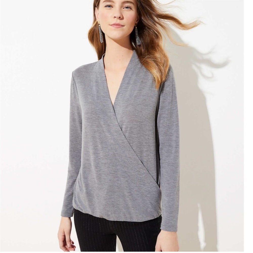 LOFT Wrap-Style Long Sleeve Top in Charcoal Heather